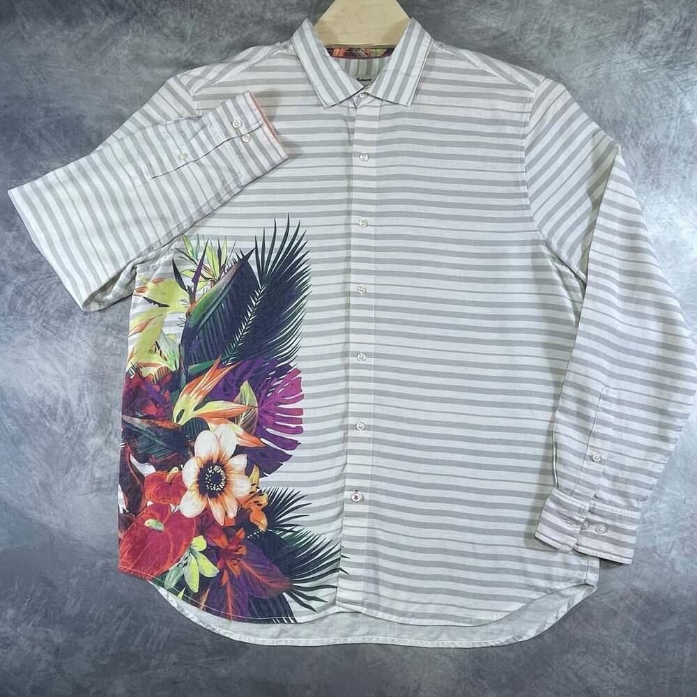 Tommy Bahama Striped Floral Shirt XL Gray Long Sleeve Linen Blend